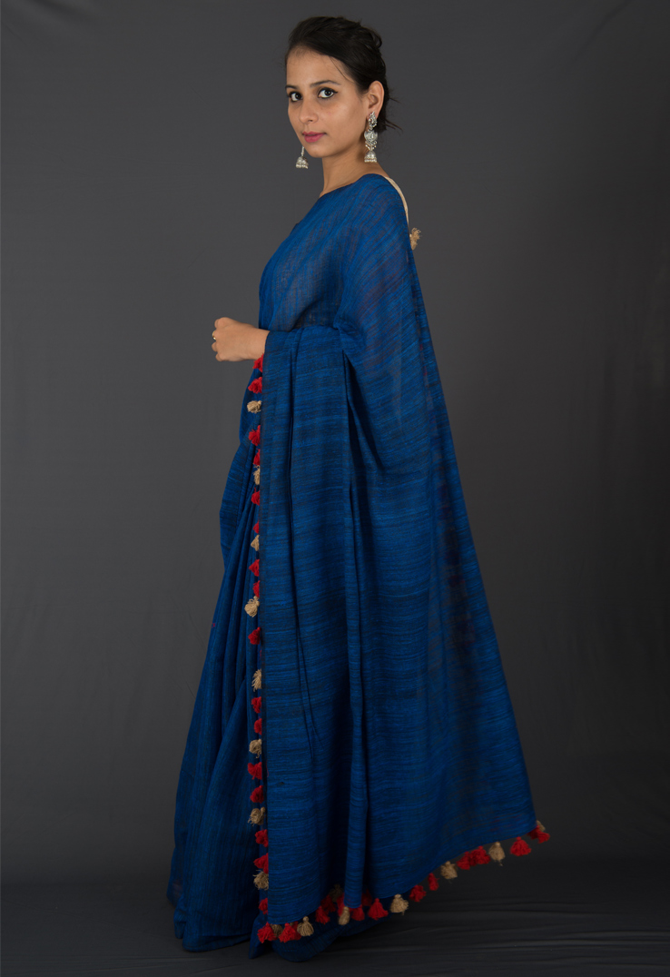 Indigo Matka Silk & Linen Bengal Handloom Saree